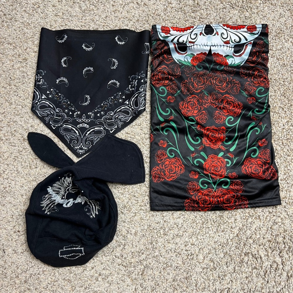 Harley-Davidson Rhinestone Head Wrap Bandana & Sugar Skull Rose Neck Gaiter Lot